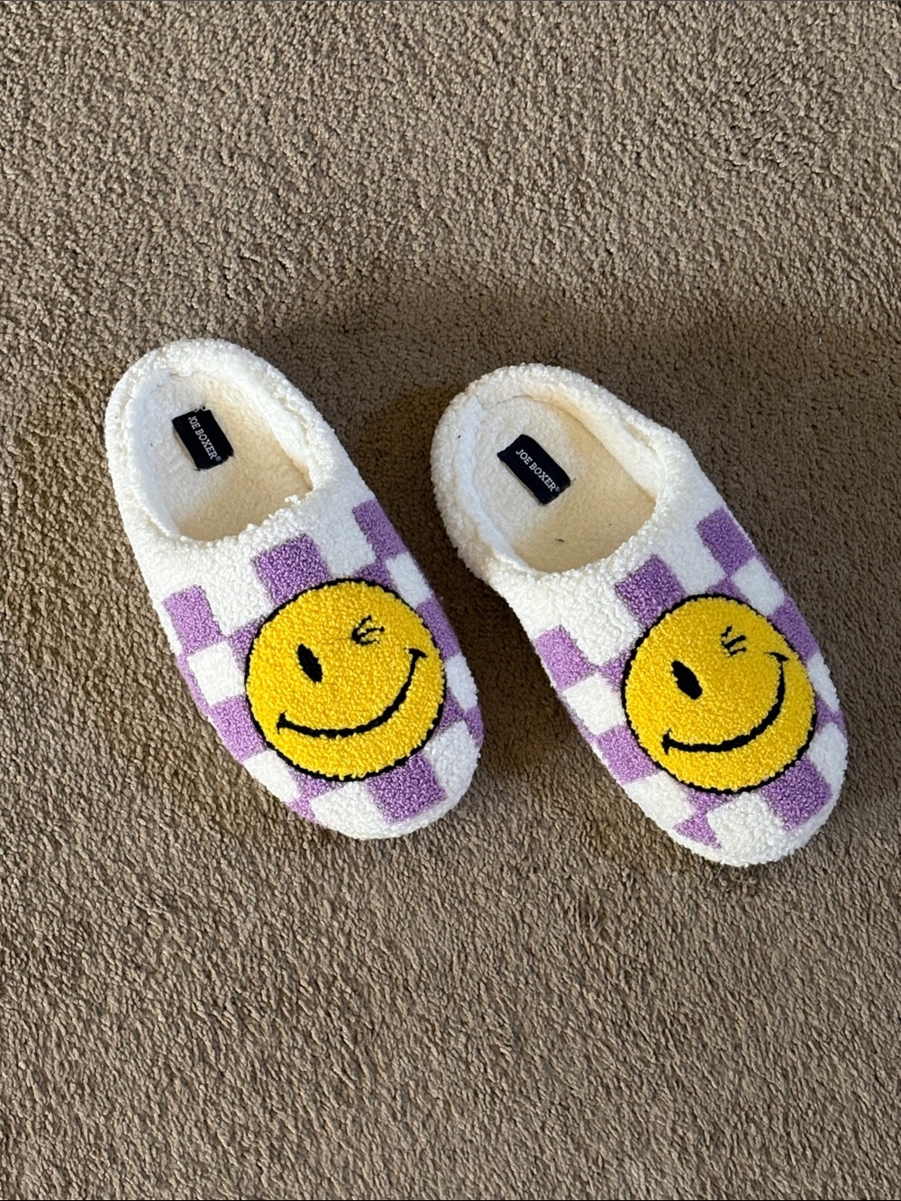 Women’s Joe Boxer Purple & White Check Smiley Slippers